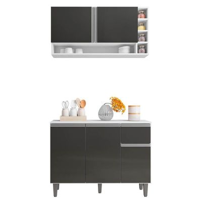 Balcão Gabinete De Cozinha E Armário Aéreo Vanessa Branco Cinza Escuro - Desk Design