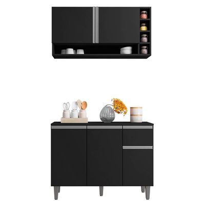 Balcão Gabinete De Cozinha E Armário Aéreo Vanessa Preto Fosco - Desk Design