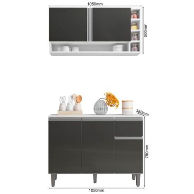 Balcão Gabinete De Cozinha E Armário Aéreo Vanessa Branco Cinza Escuro - Desk Design