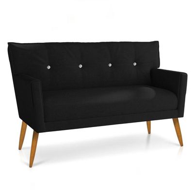 Kit 01 Namoradeira 02 Lugares E 02 Poltronas Anitta Linho Preto A79 Com Strass Pés Palito Castanho