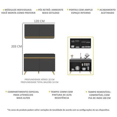 Cozinha Compacta 2 Peças Com Armário E Balcão Mp3748 Veneza Gb Multimóveis Preta