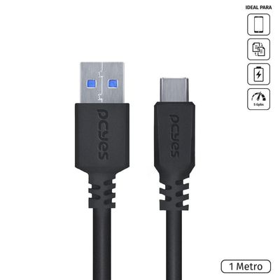 Cabo Para Celular Smartphone Usb Tipo C Para Usb A 3.0 1 Metro Preto - P3Uacp-1
