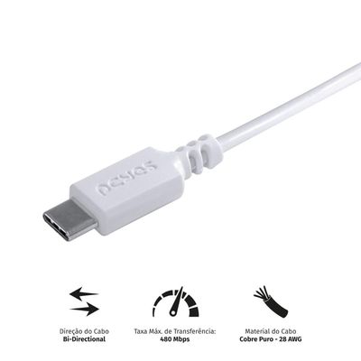Cabo para Celular Smartphone USB a 2.0 para USB Tipo C 50 CM Branco - PUACB-05