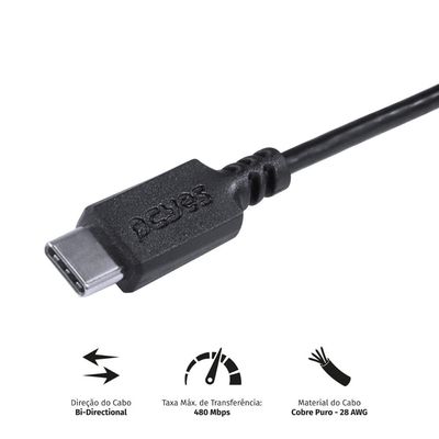 Cabo para Celular Smartphone USB Tipo C 2.0 para USB Tipo C / TYPE C 2.0 1 Metro Preto - PUCP-01