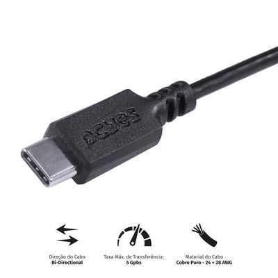 Cabo para Celular Smartphone USB Tipo C para USB a 3.0 1 Metro Preto - P3UACP-1