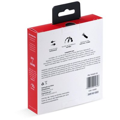 Cabo para Celular Smartphone USB a 2.0 para USB Tipo C 50 CM Branco - PUACB-05