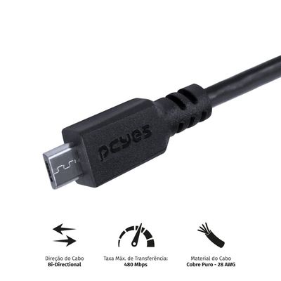Cabo para Celular Smartphone Micro USB para USB a 2.0 50 CM Preto - PMUAP-05