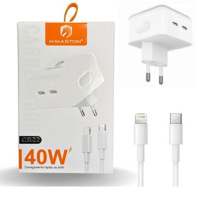 Carregador Turbo Duplo Usb-c Compativel iPad e iPhone 12 13 14 - 40w