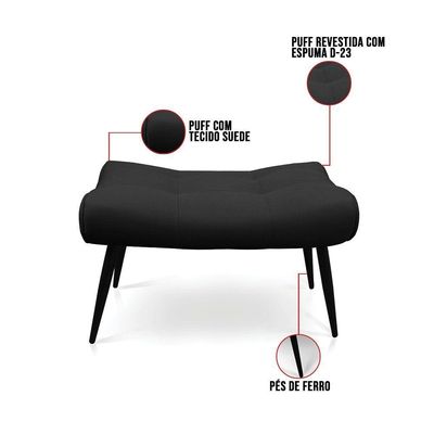 Puff Sher Suede Preto Pés Palito De Ferro - D'Rossi