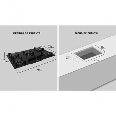 Cooktop 5 Bocas Preto Com Mesa De Vidro Atlas U Top Bivolt