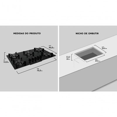 Cooktop 5 Bocas Preto Com Mesa De Vidro E Tripla Chama Atlas U Top Bivolt