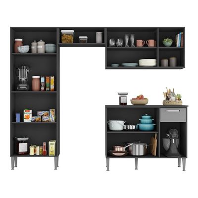 Cozinha Compacta Com Armário E Balcão Xangai Multimóveis Vm2840 Preta/Grafite Preto/Grafite
