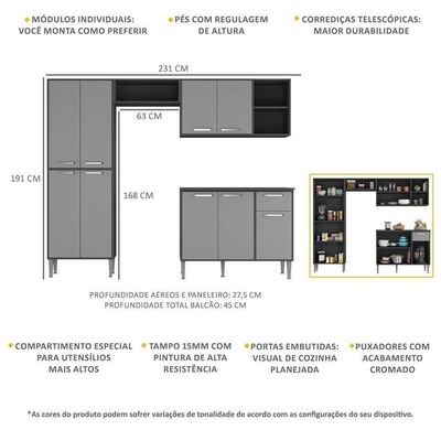 Cozinha Compacta Com Armário E Balcão Xangai Multimóveis Vm2840 Preta/Grafite Preto/Grafite