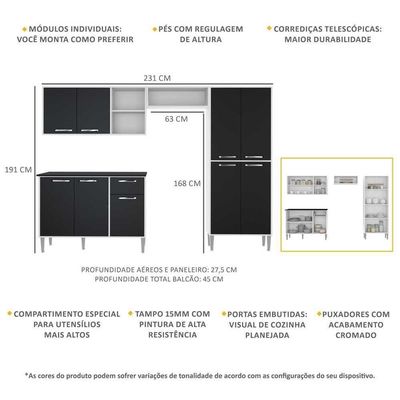 Cozinha Compacta Com Armário E Balcão Xangai Multimóveis Vm2840 Branca/Preta Branco/Preto