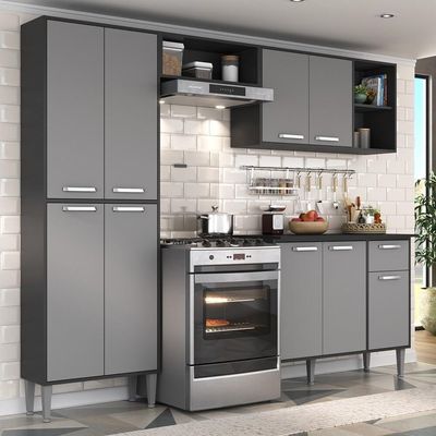 Cozinha Compacta Com Armário E Balcão Xangai Multimóveis Vm2840 Preta/Grafite Preto/Grafite