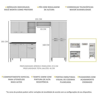 Cozinha Compacta Com Armário E Balcão Xangai Multimóveis Vm2840 Branca Branco