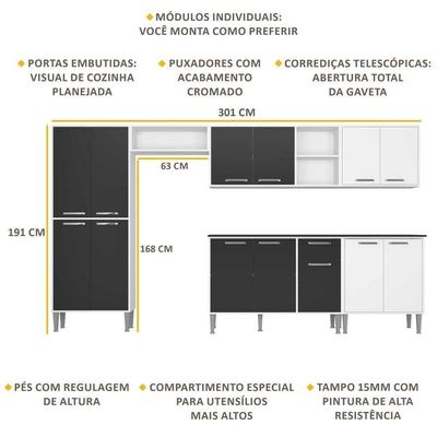 Cozinha Compacta Com Armário E Balcão Xangai Jazz Multimóveis Branca/Preta Branco/Preto