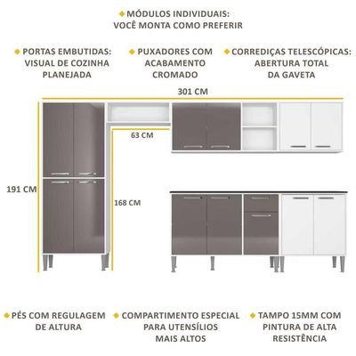 Cozinha Compacta Com Armário E Balcão Xangai Jazz Multimóveis Branca/Lacca Fumê Branco/Lacca Fumê
