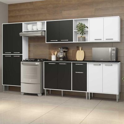 Cozinha Compacta Com Armário E Balcão Xangai Jazz Multimóveis Branca/Preta Branco/Preto
