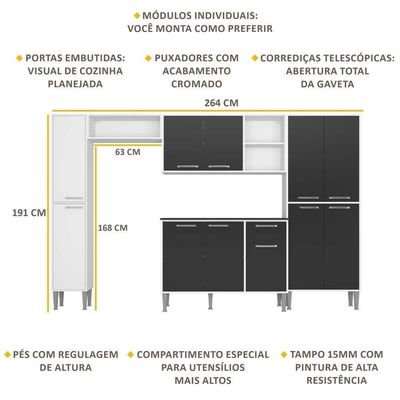 Cozinha Compacta Com Armário E Balcão Xangai Classic Multimóveis Branca/Preta Branco/Preto