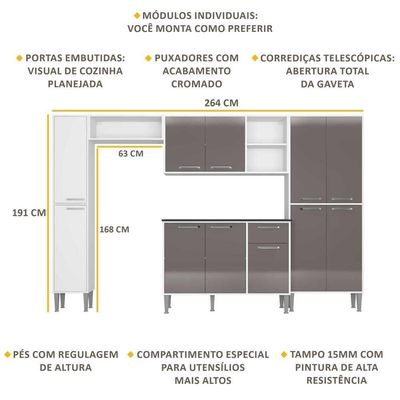 Cozinha Compacta Com Armário E Balcão Xangai Classic Multimóveis Branca/Lacca Fumê Branco/Lacca Fumê