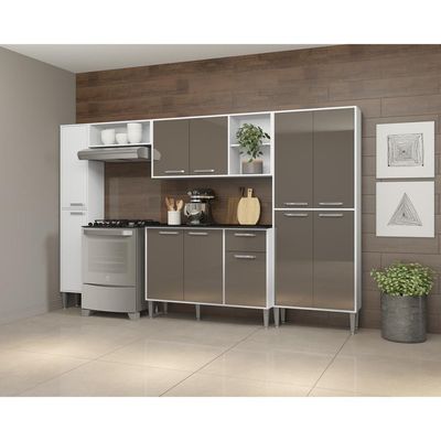 Cozinha Compacta Com Armário E Balcão Xangai Classic Multimóveis Branca/Lacca Fumê Branco/Lacca Fumê