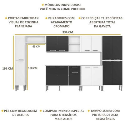 Cozinha Compacta Com Armário E Balcão Xangai Blues Multimóveis Branca/Preta Branco/Preto