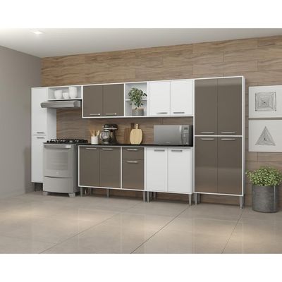 Cozinha Compacta Com Armário E Balcão Xangai Blues Multimóveis Branca/Lacca Fumê Branco/Lacca Fumê