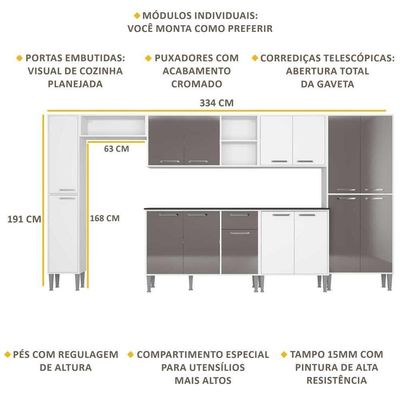 Cozinha Compacta Com Armário E Balcão Xangai Blues Multimóveis Branca/Lacca Fumê Branco/Lacca Fumê