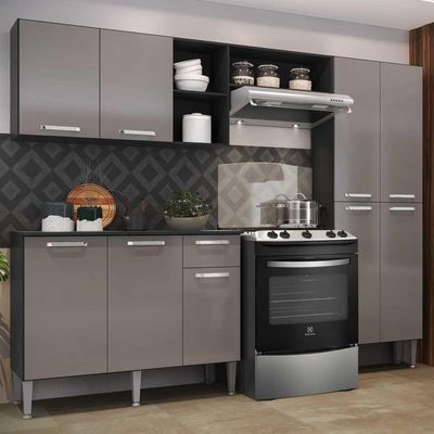 Cozinha Compacta Com Armário E Balcão Pequim Up Multimóveis V2999 Preta/Lacca Fumê Preto/Lacca Fumê
