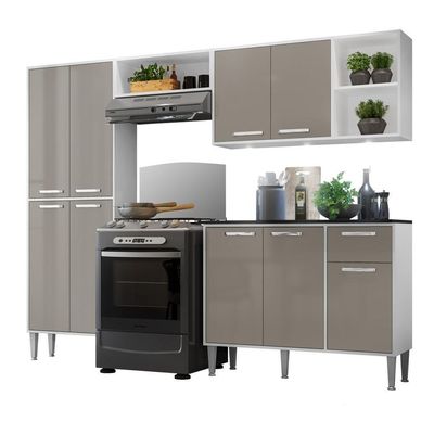 Cozinha Compacta C/ 3 Leds 4 Pçs Xangai Multimóveis V3415 Branca/Lacca Fumê Branco/Lacca Fumê