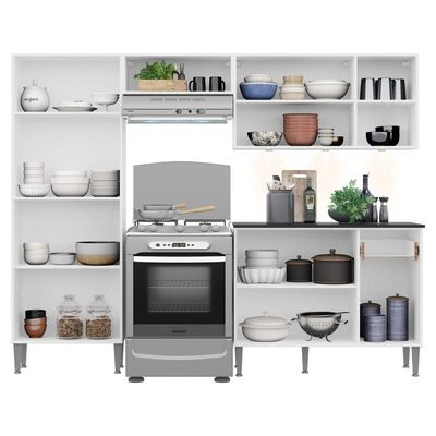 Cozinha Compacta C/ 3 Leds 4 Pçs Xangai Multimóveis V3415 Branca/Lacca Fumê Branco/Lacca Fumê