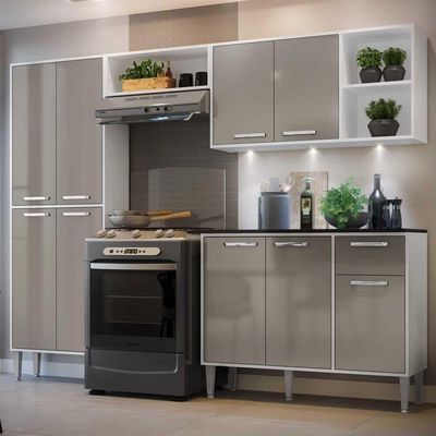 Cozinha Compacta C/ 3 Leds 4 Pçs Xangai Multimóveis V3415 Branca/Lacca Fumê Branco/Lacca Fumê
