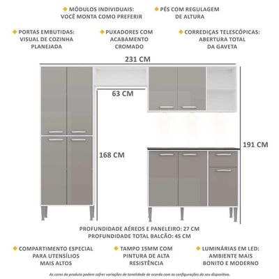 Cozinha Compacta C/ 3 Leds 4 Pçs Xangai Multimóveis V3415 Branca/Lacca Fumê Branco/Lacca Fumê