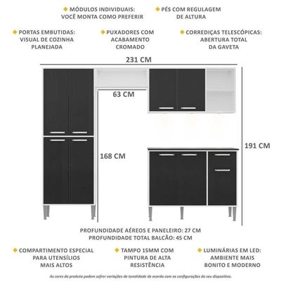 Cozinha Compacta C/ 3 Leds 4 Pçs Xangai Multimóveis V3415 Branca/Preta Branco/Preto