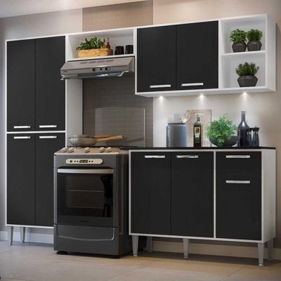 Cozinha Compacta C/ 3 Leds 4 Pçs Xangai Multimóveis V3415 Branca/Preta Branco/Preto