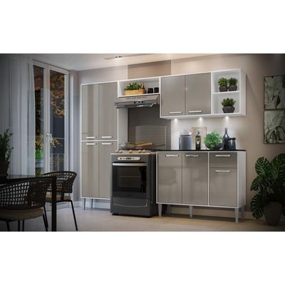 Cozinha Compacta C/ 3 Leds 4 Pçs Xangai Multimóveis V3415 Branca/Lacca Fumê Branco/Lacca Fumê