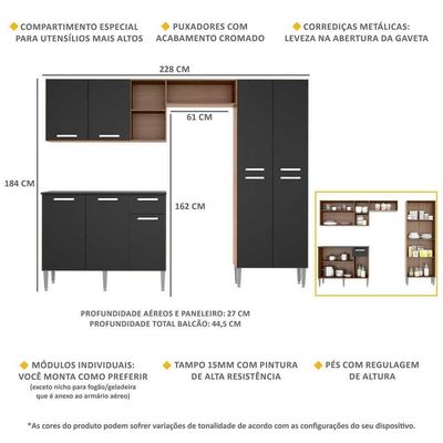 Cozinha Compacta Com Armário E Balcão Pequim Up Multimóveis V2999 Carvalho Avelã/Preta