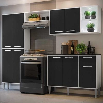 Cozinha Compacta C/ 2 Leds 4 Pçs Xangai Multimóveis V3414 Branca/Preta Branco/Preto