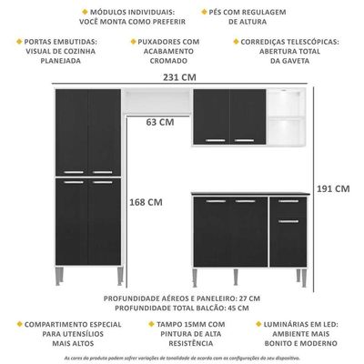 Cozinha Compacta C/ 2 Leds 4 Pçs Xangai Multimóveis V3414 Branca/Preta Branco/Preto