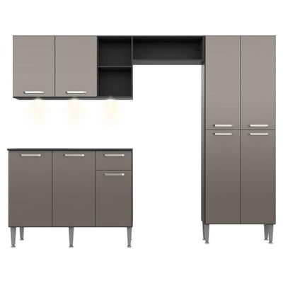 Cozinha Compacta C/ 3 Leds 3 Pçs Pequim Multimóveis V3413 Preta/Lacca Fumê Preto/Lacca Fumê