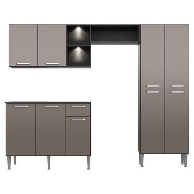 Cozinha Compacta C/ 2 Leds 3 Pçs Pequim Multimóveis V3412 Preta/Lacca Fumê Preto/Lacca Fumê