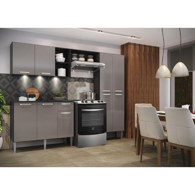 Cozinha Compacta C/ 3 Leds 3 Pçs Pequim Multimóveis V3413 Preta/Lacca Fumê Preto/Lacca Fumê