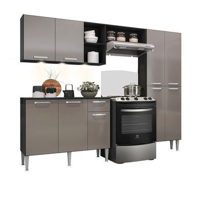 Cozinha Compacta C/ 3 Leds 3 Pçs Pequim Multimóveis V3413 Preta/Lacca Fumê Preto/Lacca Fumê