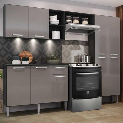 Cozinha Compacta C/ 3 Leds 3 Pçs Pequim Multimóveis V3413 Preta/Lacca Fumê Preto/Lacca Fumê