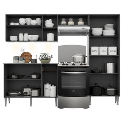 Cozinha Compacta C/ 3 Leds 3 Pçs Pequim Multimóveis V3413 Preta/Lacca Fumê Preto/Lacca Fumê