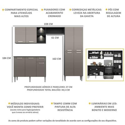 Cozinha Compacta C/ 2 Leds 3 Pçs Pequim Multimóveis V3412 Preta/Lacca Fumê Preto/Lacca Fumê