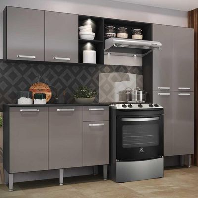 Cozinha Compacta C/ 2 Leds 3 Pçs Pequim Multimóveis V3412 Preta/Lacca Fumê Preto/Lacca Fumê