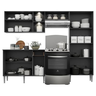 Cozinha Compacta C/ 2 Leds 3 Pçs Pequim Multimóveis V3412 Preta/Lacca Fumê Preto/Lacca Fumê