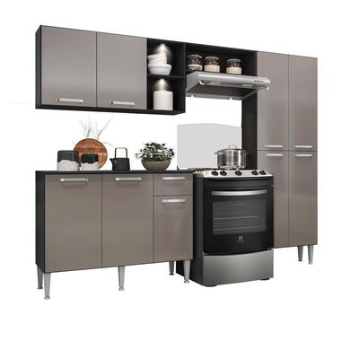 Cozinha Compacta C/ 2 Leds 3 Pçs Pequim Multimóveis V3412 Preta/Lacca Fumê Preto/Lacca Fumê